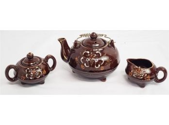 Vintage Mid Century Japanese Redware Brown Hand Painted Tea Pot, Sugar & Creamer Footed Set