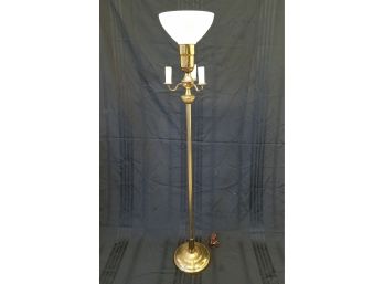 Antique 1930's Brass Candelabra Torchiere Floor Lamp With Milk Glass Shade