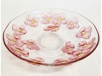 Vintage Pedestal Fruit Bowl With Pink Flashed Flowers