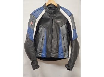 Moto GP Men's Black, Blue & White Leather Motorcycle Jacket With Pads - Size Large