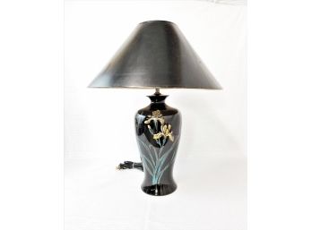 Beautiful Vintage Mid Century Black Ceramic Table Lamp With Yellow Iris Floral Design