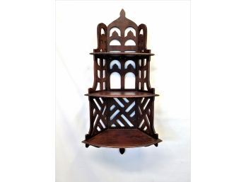 Antique Three Tier Wood Wall Shelf With Open Fretwork Detailing