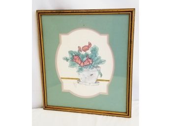 Vintage Framed Water Color Painting Of Flower Pot Of Pink Pansies - Signed By Artist Colleen Long 1990