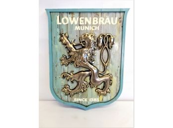 Vintage 1969 Lowenbrau Munich Beer Turquoise & Gold Molded Plastic Wall Sign