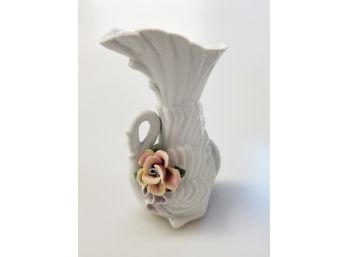 Cute Small Vintage White Porcelain Swan Bud Vase With Applied Pink Rose & Leaves