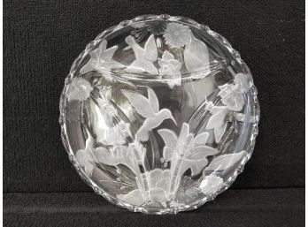 Four Section Clear Glass Frosted Etched Hummingbird Platter