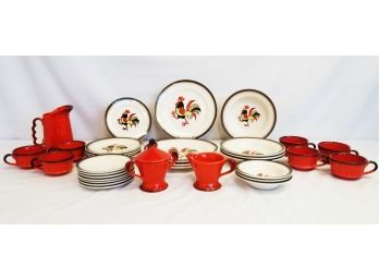 Vintage 1950's  Red Rooster Poppytrail Dinnerware Set By Metlox Red Rooster & Vernon Medallion - California
