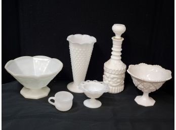 Vintage Milk Glass Lot #4 - Decanter, Bowls, Cup & Vase