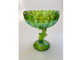 Vintage Iridescent Lime Green Carnival Glass Tall Footed Compote With Original Box! - Indiana Glass Co.