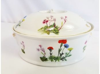 Vintage Le Faune Lourioux Wild Flower Porcelain 3 Quart Covered Casserole Dish