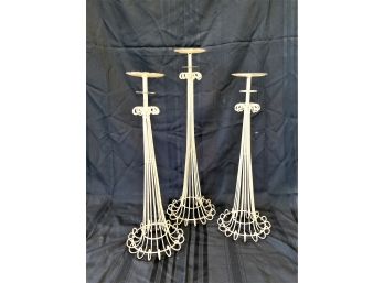 Three Vintage Cream Painted Metal Wire Tall Floor Candlestick Holders