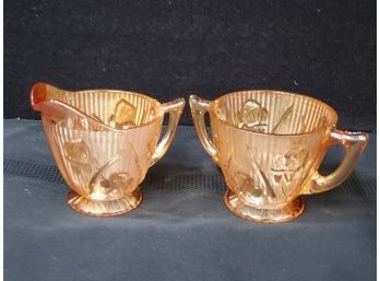 Vintage MCM Iris And Herringbone Jeannette Glass Co. Marigold Carnival Glass Open Sugar Bowl & Creamer Pitcher