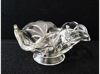 Vintage Thick Clear Pressed Glass Bowl With Fluted Rim And Floral Design