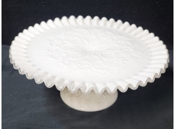 Vintage White & Clear Milk Glass Ruffled Edge Pedestal Cake Plate