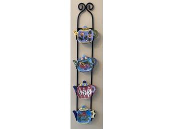 Whimsical Wall Hanging With Porcelain Tea Pot Bag Holders