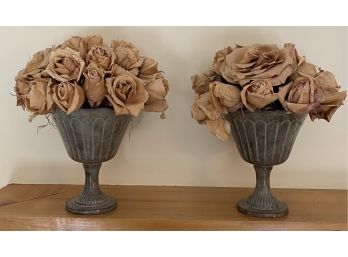 Pair Of Metal Urns With Dried Flowers