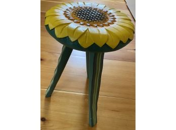 Carved And Paint Decorated Sunflower Stool