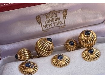 Exquisite Cartier Solid 18K Gold And Sapphire Cufflinks And Studs