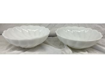 Two Vintage Hazel Atlas 'Alpine White' Swirl Pattern Milk Glass Bowls