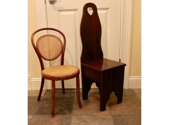 Vintage Child's Cane  Wooden Chair And High Back Wood Chair
