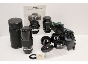 Three Nikon Nikkor Lenses, Cases And Instruction Manual