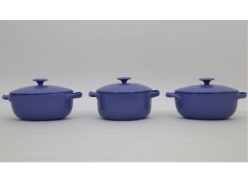 Set Of 3 Blue Covered Mini Lidded Dutch Ovens - Made In Japan