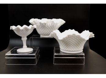 A Collection Of Hob Nail Milk Glass Ruffled Bowls