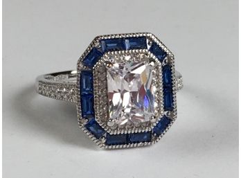 Gorgeous Art Deco Style Ring With Blue Sapphire Edge Stones With White Sapphire Center Stone - BEAUTIFUL !