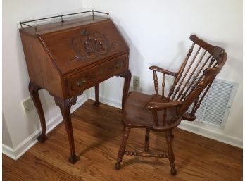 Fabulous Antique Walnut Carved Drop Front Desk - Carved Ball & Claw Feet & Brass Rail Around Top - 1880-1900