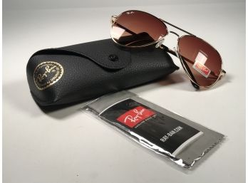 Brand New RAY BAN Aviators - Gold Tone Frame With Brown Lenses - With Case, Booklet & Polishing Cloth