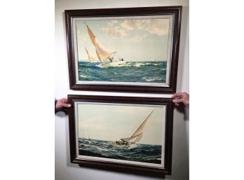 Two Pieced Vintage Decorative Artwork - Ships At Sea - Matching Frames - Nice Decorator Pieces !