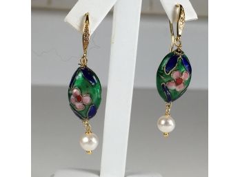 Very Pretty Sterling Silver With Gold Overlay Enamel Earrings With Freshwater Pearls - FANTASTIC PAIR !