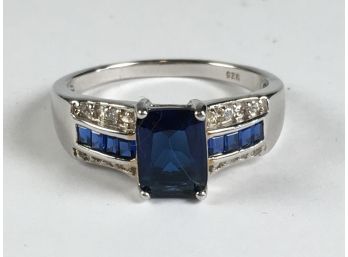 Fabulous Sterling Silver / 925 Ring With Channel Set Blue & White Sapphires /  Blue Sapphire Center Stone