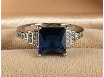 Very Pretty Sterling Silver / 925 Ring With Square Blue Sapphire Flanked By White Sapphires