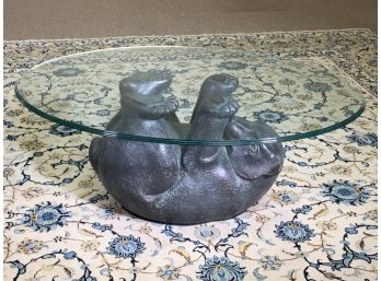 FANTASTIC Bear Cub Table With Oval Glass Top GREAT - Fun & Functional - Bronze Finish Base - VERY COOL !