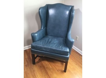 Beautiful HICKORY CHAIR CO. Blue Leather Wing Chair With Brass Tack Detail - GREAT PIECE ! - Amazing Condition