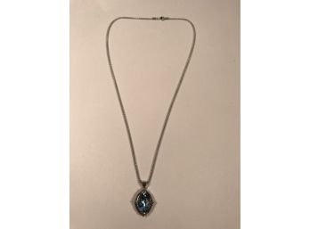 Fabulous Sterling Silver / 925 - 18' Necklace W/ Deep Blue Aquamarine Sterling Silver Pendant BEAUTIFUL !