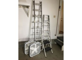 Aluminium Ladder & Fan Lot - Three (3) Ladders & Two (2) Lasko Box Fans - Louisville & White Brand Ladders