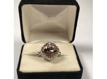 VERY Pretty Sterling Silver / 925 Ring With Pale Peach Morganite Ring - Very Ornate Setting