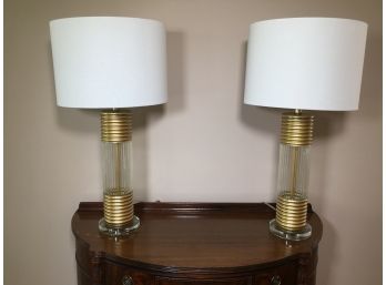 Fabulous Pair Of Modern Glass Lamps With Lucite Bases & Nice Quality Shades - Paid $750 - GREAT PAIR !