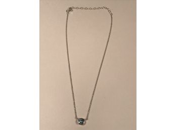 Very Pretty Sterling Silver / 925 With Round Aquamarine Pendant Necklace 16' Chain - Very Nice