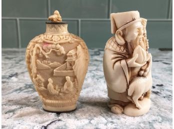 Two Antique Carved Bone Pieces - One Carved Figure & Snuff Bottle - Lid With Spoon Has Losses - See Photos