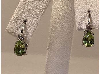 Fantastic Sterling Silver / 925 Earrings With Teardrop Shaped Peridot & White Sapphires - VERY PRETTY !