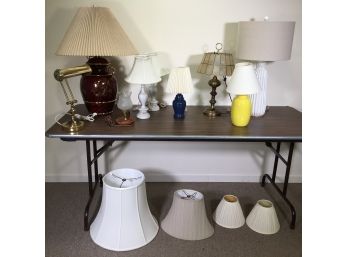 Fantastic Lot Of Nine (9) Lamps & Shades - Many Styles -do You Want The Table Also ? TAKE IT ! - GREAT LOT !