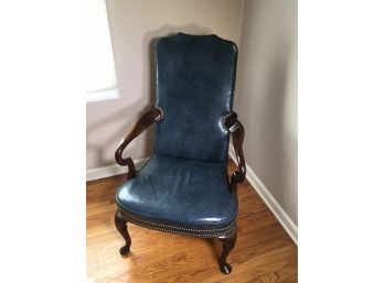 Incredible HICKORY CHAIR CO. Blue Leather Armchair With Brass Tack Details - FANTASTIC Patina On Leather