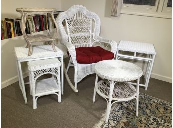 Nice Six (6) Piece Lot Of Assorted Wicker Furniture - Rocking Chair & Five Tables - All Seem To Be Good