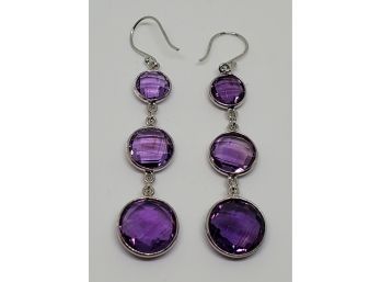 Stunning Round Amethyst, Rhodium Over Sterling Silver Dangle Earrings