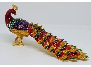 Amazing Austrian Crystal, Enameled Peacock Trinket Box In Gold Tone