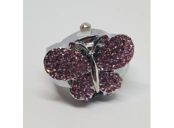 Black & Pink Austrian Crystal Butterfly Ring Watch In Stainless