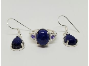 Pretty Lapis Ring With Faux Purple Diamond & Earrings In Sterling